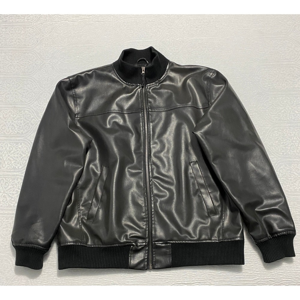 US Polo Assn Mens Faux Leather Bomber Jacket‎ Black Ribbed Collar Cuffs Size L